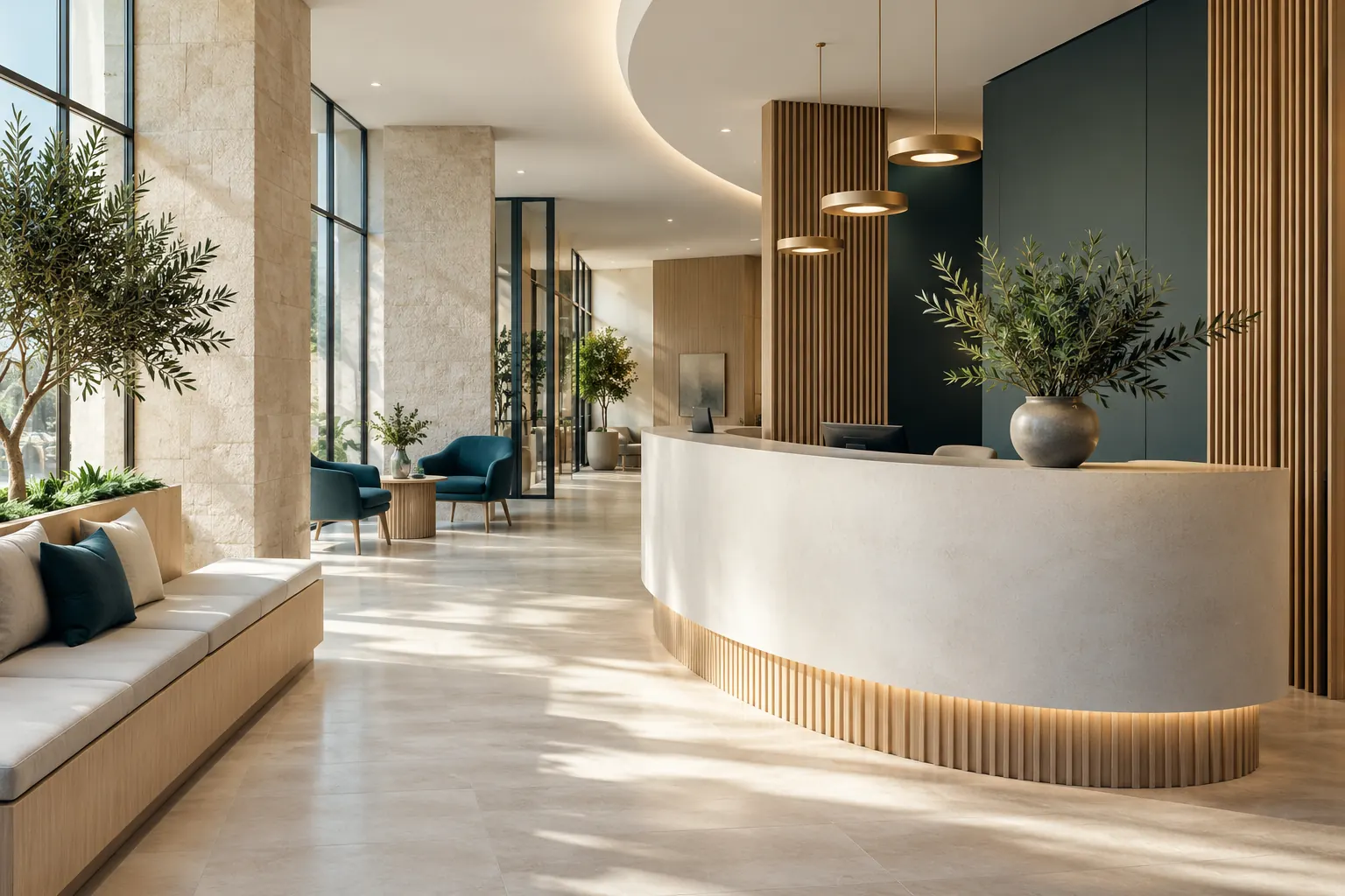 Clinic interior with light wood, natural light and clear circulation